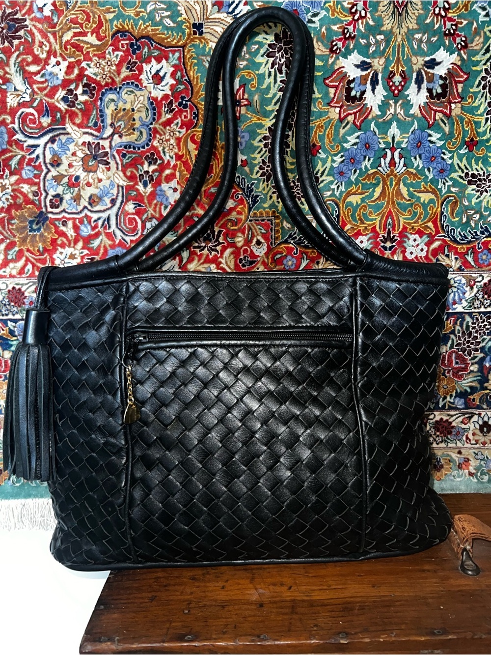 Bally Vtg Woven Black Leather Tote Bag Intrecciato Style Tassel Purse Italy